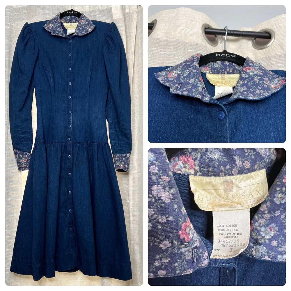 70s Vintage Gunne Sax Denim Dress Floral Puffy Sleeve Button Front Junior Size 3